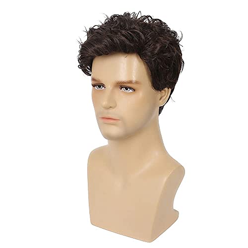 Pelucas marrones para hombre Peluca de pelo sintético rizado de capas cortas para Cosplay de Halloween con gorro de peluca