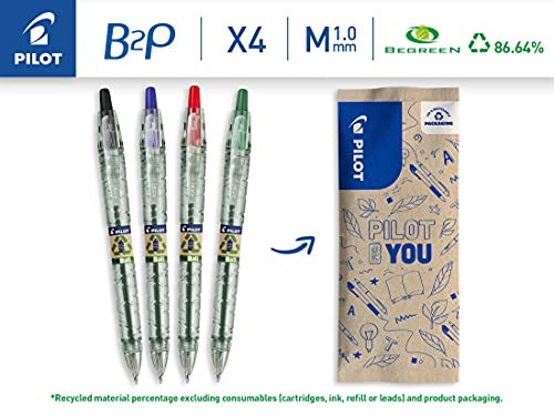 Pilot - Flowpack 4uds B2P ECOBALL 1mm - Bolígrafo Tinta base aceite - Medio - Negro, Azul, Rojo, Verde - Begreen -Fabricado a partir de plástico reciclado