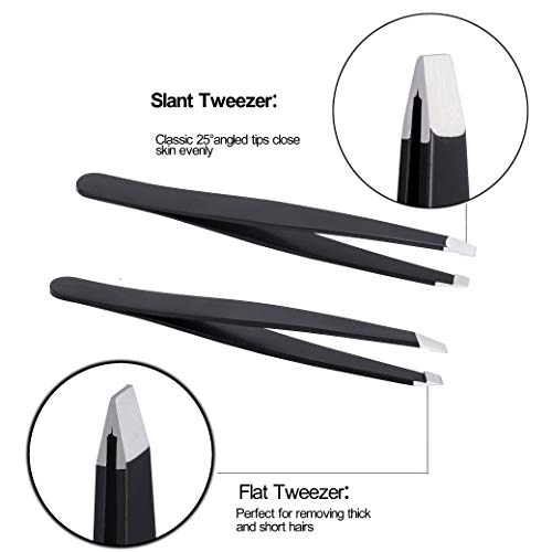 Pinzas Depilar Cejas Profesionales, 5 Piezas Pinzas de Precisión de Acero Inoxidable y Tijeras Curvas para Mujeres y Hombres Depilación de Cejas, Negro