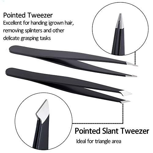 Pinzas Depilar Cejas Profesionales, 5 Piezas Pinzas de Precisión de Acero Inoxidable y Tijeras Curvas para Mujeres y Hombres Depilación de Cejas, Negro