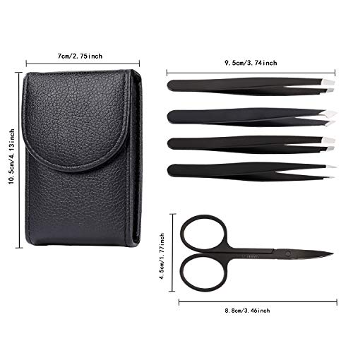 Pinzas Depilar Cejas Profesionales, 5 Piezas Pinzas de Precisión de Acero Inoxidable y Tijeras Curvas para Mujeres y Hombres Depilación de Cejas, Negro