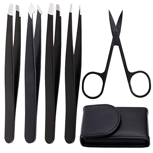 Pinzas Depilar Cejas Profesionales, 5 Piezas Pinzas de Precisión de Acero Inoxidable y Tijeras Curvas para Mujeres y Hombres Depilación de Cejas, Negro