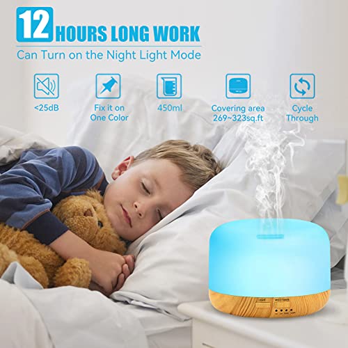 Punvot Humidificador Aceites Esenciales 450ml Humidificador Ultrasónico Humidificador Aromaterapia Silencioso con Luces LED de 7 Colores y Control Remoto Difusor de Aroma para Hogar Oficina SPA Bebé