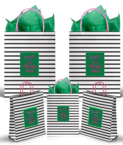 Purple Ladybug 5 Bolsas Regalo (2 Tamaños) con Asas y Exclusivo Papel de Rascar Verde - 2 Bolsas Papel Grandes y 3 Medianas para Regalos Personalizados y Regalos de Cumpleaños - Patente en Trámite