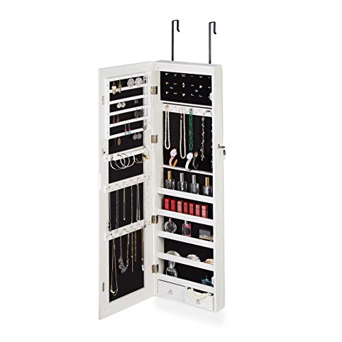Relaxdays Joyero Puerta Armario XXL, con Espejo y LED, Colgante, DM-Cristal-Terciopelo, 1 Ud, 120 x 37 x 9,5 cm, Blanco, tableros conglomerado, Vidrio