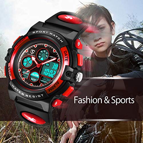 Reloj Deportivos para Niños Niño Niña Resistente al agua Digital Analógico Militares Impermeabl Deportivos Especiales al Aire Libre LED Despertador Multifuncionales (Rojo)
