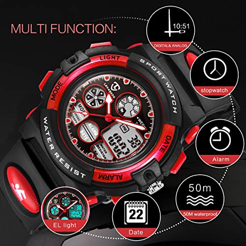 Reloj Deportivos para Niños Niño Niña Resistente al agua Digital Analógico Militares Impermeabl Deportivos Especiales al Aire Libre LED Despertador Multifuncionales (Rojo)