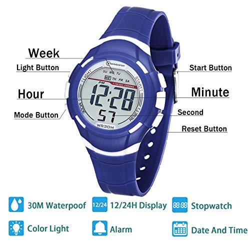 Reloj Digital Deportivo para Niños, Reloj de Pulsera Niña Multifunción con Pantalla LED Impermeable 30M para Niños, Niñas Reloj Infantil Aprendizaje para Niños 4-15 Años (Azul Oscuro)