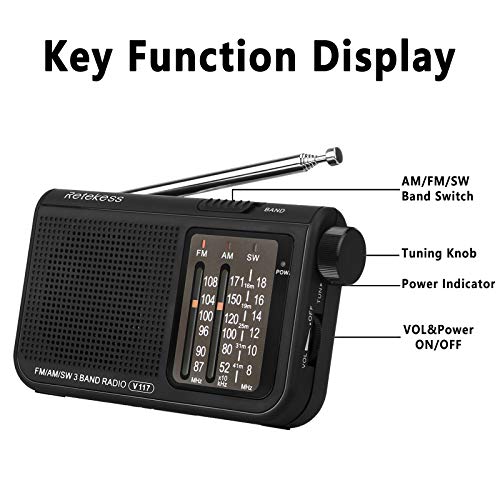 Retekess V117 Radio Portátil Radio de Bolsillo Am/FM/SW 3 Bandas con Perilla de Ajuste de Tipo Cilíndrico (Negro)