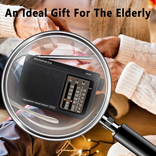 Retekess V117 Radio Portátil Radio de Bolsillo Am/FM/SW 3 Bandas con Perilla de Ajuste de Tipo Cilíndrico (Negro)
