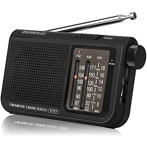 Retekess V117 Radio Portátil Radio de Bolsillo Am/FM/SW 3 Bandas con Perilla de Ajuste de Tipo Cilíndrico (Negro)