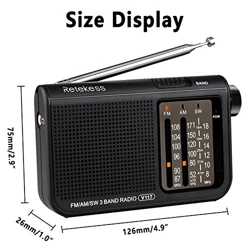 Retekess V117 Radio Portátil Radio de Bolsillo Am/FM/SW 3 Bandas con Perilla de Ajuste de Tipo Cilíndrico (Negro)