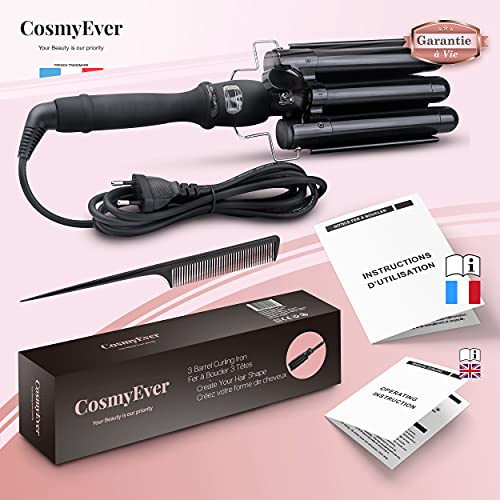 Rizador de pelo ondas grandes profesional Plancha para rizar 3 tubos para un efecto ondulado de moda ideal para cualquier ocasión | Dispositivo ondulador de pelo