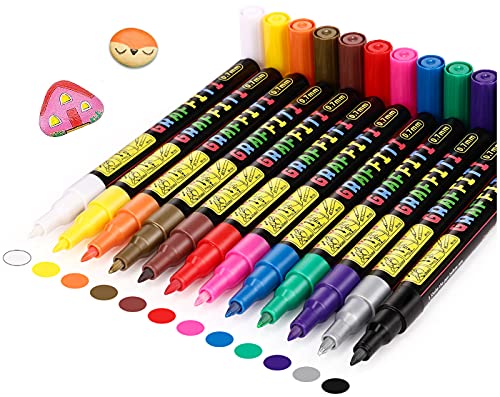 Rotuladores Acrilicos, RATEL 12 Colores Rotuladores de Pintura Acrílica, Prima Rotulador Permanente Para Piedra, Madera, Proyectos de Bricolaje, Vidrio, Lienzo,Taza, Metal-Punta Fina de 0.7mm