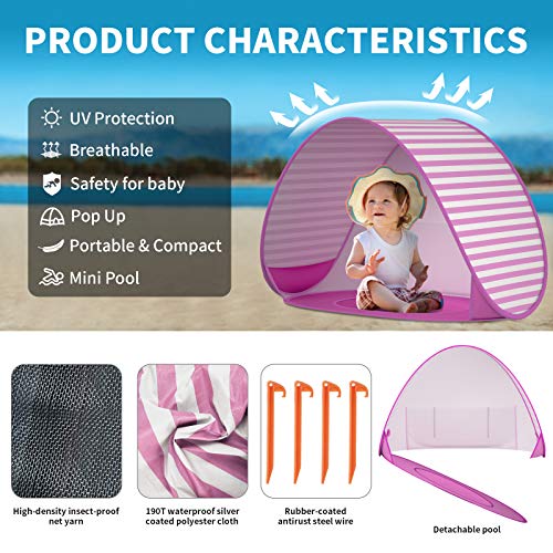 SAEYON Tienda Playa Bebe, Pop up Tienda de Bebé con Mini Piscina para Infantil Carpa, Protección Solar Anti UV 50+ Refugio Playa del Bebé, Piscina Separable Beach Carpa para Niños, Rayas Rosas
