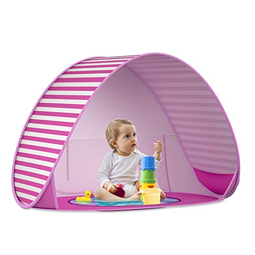 SAEYON Tienda Playa Bebe, Pop up Tienda de Bebé con Mini Piscina para Infantil Carpa, Protección Solar Anti UV 50+ Refugio Playa del Bebé, Piscina Separable Beach Carpa para Niños, Rayas Rosas