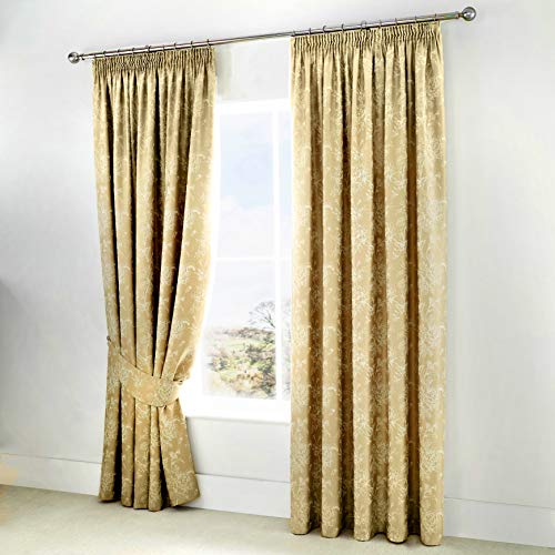 Serene - Jasmine - Cortinas confeccionadas con Forro de lápiz con Lazos - 167 x 182 cm de Ancho x 182 cm de caída (167 x 182 cm), Color Dorado champán