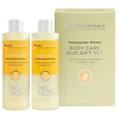 Set de aceite corporal y aceite de ducha PraNaturals (2x250 ml) con monoi polinesio - Limpiador hidratante corporal para todo tipo de piel - Fórmula natural - Vegano y sin crueldad animal