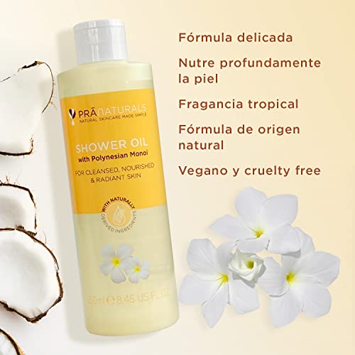 Set de aceite corporal y aceite de ducha PraNaturals (2x250 ml) con monoi polinesio - Limpiador hidratante corporal para todo tipo de piel - Fórmula natural - Vegano y sin crueldad animal