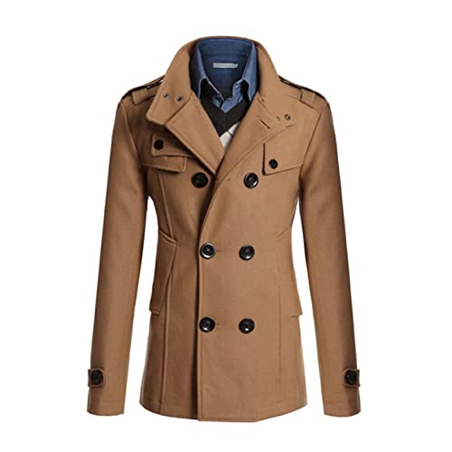 SHINROAD Chaqueta para los hombres cómoda de lana de color sólido suave de doble pecho formal de negocios de invierno de los hombres abrigo de desgaste diario caqui 2XL