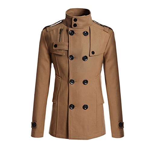 SHINROAD Chaqueta para los hombres cómoda de lana de color sólido suave de doble pecho formal de negocios de invierno de los hombres abrigo de desgaste diario caqui 2XL