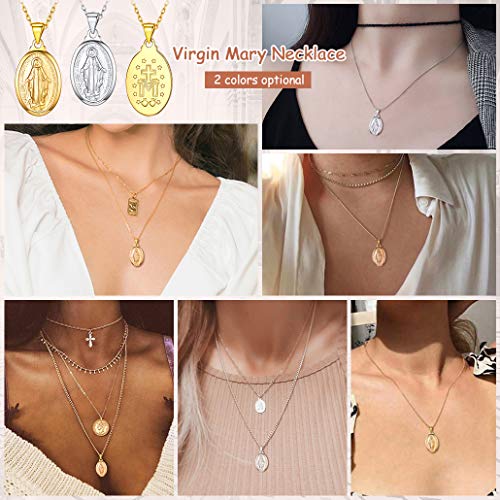 Silvora Medalla Plata Cruz Virgen Milagrosa Guadalupe y Cadena Plata de Ley 925 Virgen del Pilar Medalla de Plata para Hombre Mujer