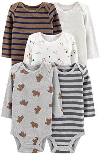 Simple Joys by Carter's - Body de manga larga para bebé, 5 unidades ,Bears/Animals Green/Stripes ,18 Meses