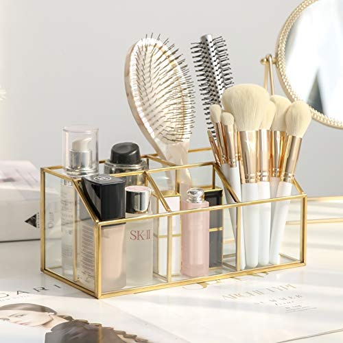 SLHEQING Organizador de maquillaje dorado organizador cosmético, organizador de escritorio, organizador de vidrio perfume joyería organizador (oro A06)