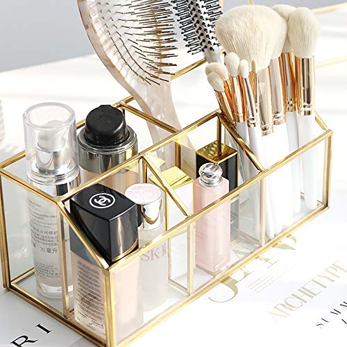 SLHEQING Organizador de maquillaje dorado organizador cosmético, organizador de escritorio, organizador de vidrio perfume joyería organizador (oro A06)