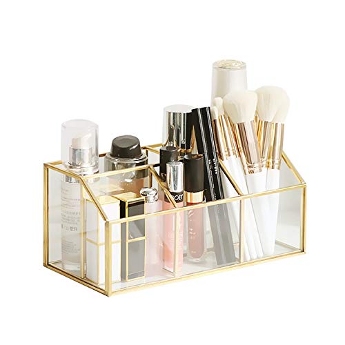 SLHEQING Organizador de maquillaje dorado organizador cosmético, organizador de escritorio, organizador de vidrio perfume joyería organizador (oro A06)