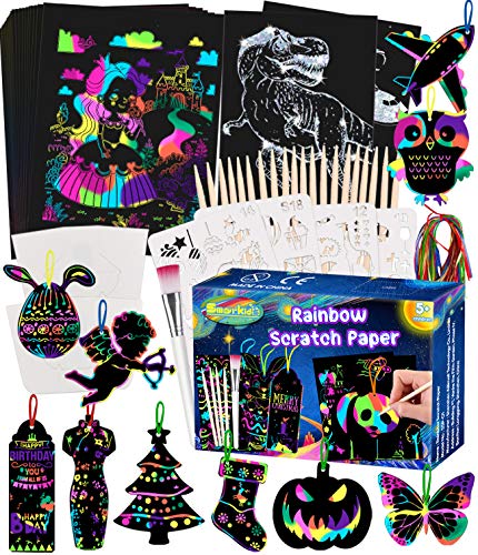 Smarkids Papel de Rascar para Niños, 143 Hojas de Rascar Colores con Lápiz de Madera, Manualidades para Niños, Regalo Creativo Kit de Manualidades de Papel de Arte de Rascar para Niños