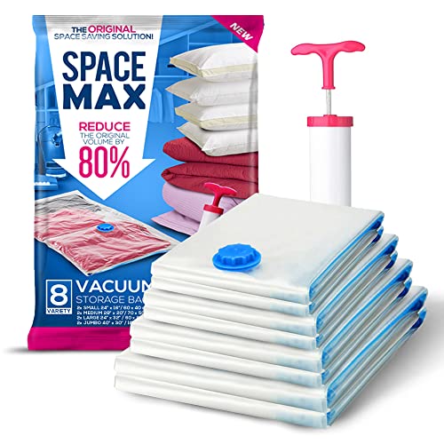 SPACE MAX - Bolsas de almacenaje en vacío Premium - 80 % más de compresión Que Otras - Bomba Manual para Viajes incluida - Varios tamaños - Pack de 8
