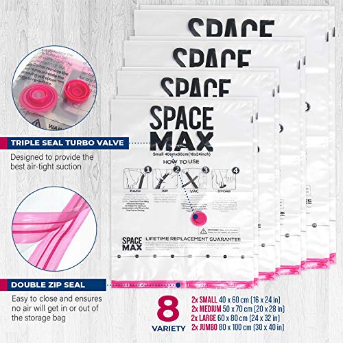 SPACE MAX - Bolsas de almacenaje en vacío Premium - 80 % más de compresión Que Otras - Bomba Manual para Viajes incluida - Varios tamaños - Pack de 8