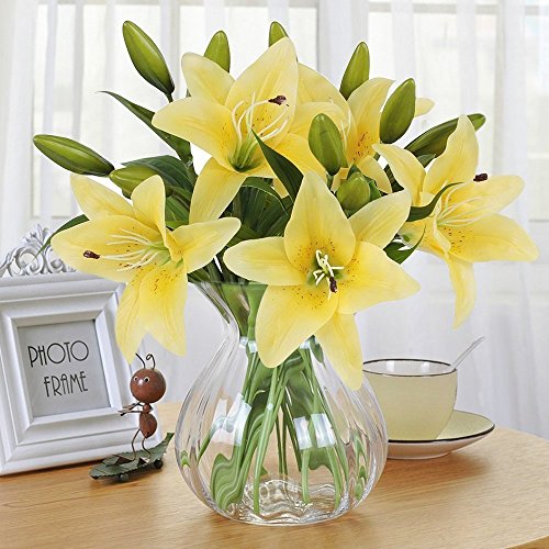 StarLifey 5 Piezas Flores Falsas Toque Real Seda Látex Tigre Lirio Ramo Centros de Flores Home Office Festival Bar Decoración Nupcial de la Boda (Amarillo)