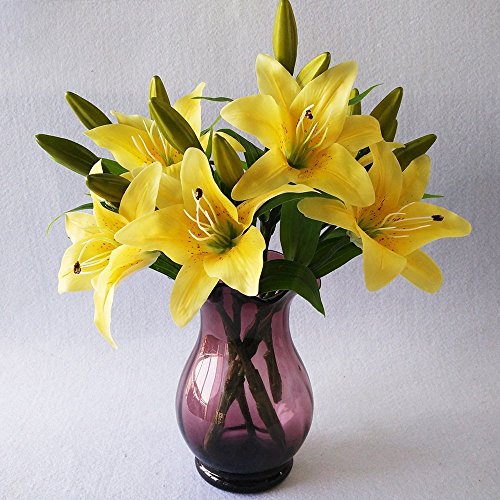 StarLifey 5 Piezas Flores Falsas Toque Real Seda Látex Tigre Lirio Ramo Centros de Flores Home Office Festival Bar Decoración Nupcial de la Boda (Amarillo)