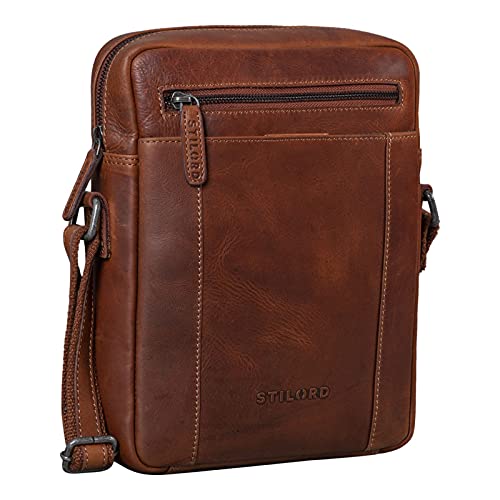 STILORD 'Fox' Bolso Mensajero Hombre Pequeño Cuero para de Vintage Cruzado Bolsa Bandolera para 10,1 a 10,5 Pulgadas Tablet-PC Piel Auténtica, Color:Porto - marrón
