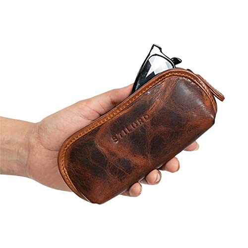 STILORD 'Glasgow' Estuche de Gafas Cuero Funda de Gafas del Sol Bolsa Vintage con Cremallera para Almanecer y Proteger Las Gafas Llaves y Lápices, Color:Kara - Cognac