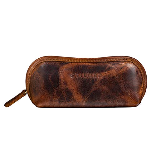 STILORD 'Glasgow' Estuche de Gafas Cuero Funda de Gafas del Sol Bolsa Vintage con Cremallera para Almanecer y Proteger Las Gafas Llaves y Lápices, Color:Kara - Cognac