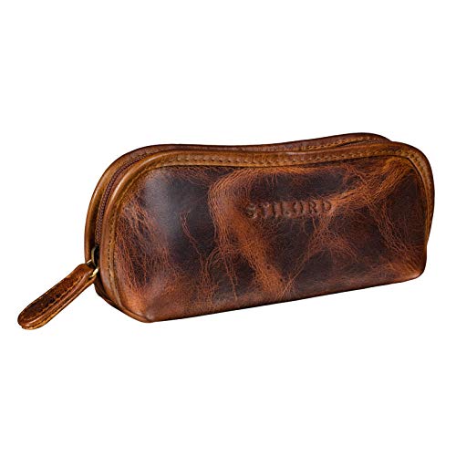 STILORD 'Glasgow' Estuche de Gafas Cuero Funda de Gafas del Sol Bolsa Vintage con Cremallera para Almanecer y Proteger Las Gafas Llaves y Lápices, Color:Kara - Cognac