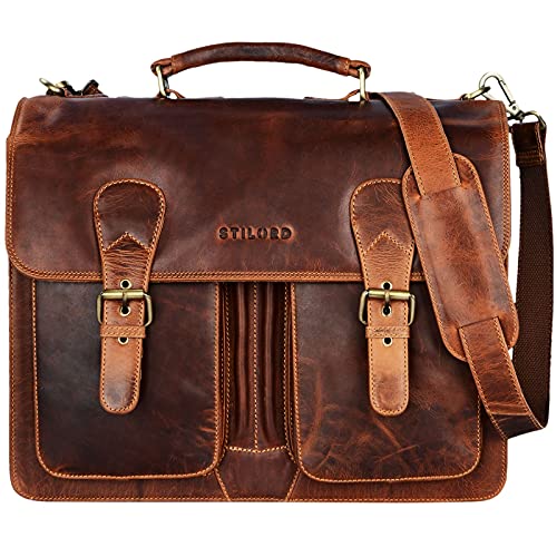 STILORD 'Karl' Maletín de Piel Grande para Profesores o Negocios Bolso de Mano o de Hombro para portátil de 15,6' Estilo Vintage de auténtico Cuero, Color:Kara - Cognac