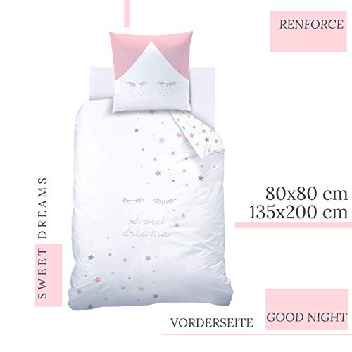Sweet Dreams Juego de ropa de cama con diseño de estrellas, 135 x 200 cm, ropa de cama infantil, pestañas y estrellas, funda de almohada de 80 x 80 cm y funda nórdica de 135 x 200 cm, 100% algodón