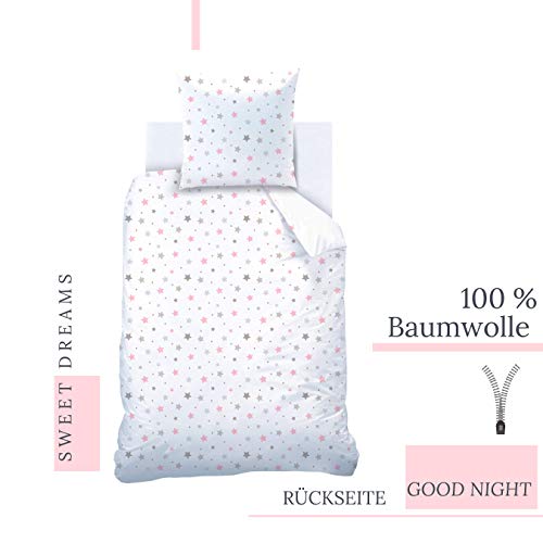 Sweet Dreams Juego de ropa de cama con diseño de estrellas, 135 x 200 cm, ropa de cama infantil, pestañas y estrellas, funda de almohada de 80 x 80 cm y funda nórdica de 135 x 200 cm, 100% algodón