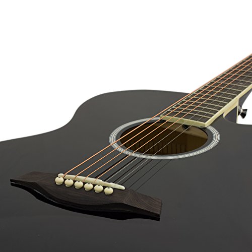 TIGER ACG4-BK Guitarra electroacústica para estudiantes de tamaño completo con ecualizador incorporado, funda, correa, cuerdas de repuesto y púas - Negro