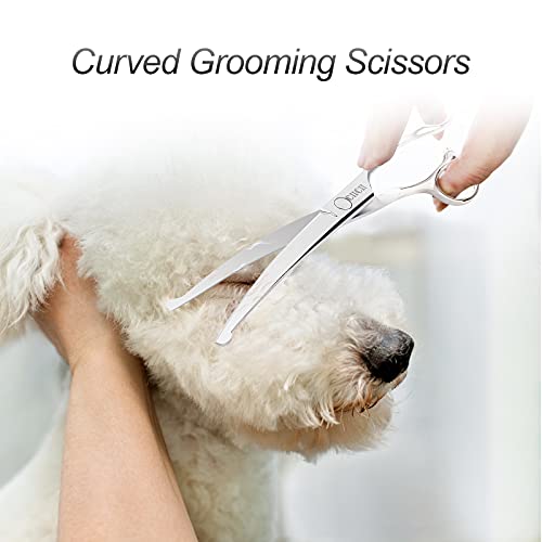 Tijeras para Perros, CIICII 6,5" Juego de Tijeras Peluqueria Canina Profesional (Gato Perro Aseo Tijeras Entresacar & Tijeras Curvas) para Aseo Mascotas Bricolaje (Punta Redonda-9 Pcs-Plata)
