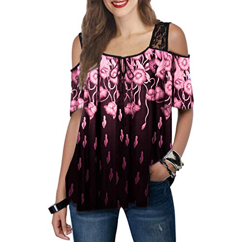 Tops de Verano para Mujer Sexy Fashion Hollow Lace Print Manga Corta Suelta Casual y cómoda Camiseta Larga Small