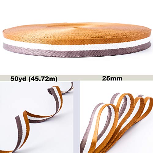 TUKA-i-AKUT 46 Metros x 25mm Cinta Colorido Correa de Correas de Cincha de Poliéster - 1,3mm Espesor, Cinta para Decoración Bricolaje Craft Mochila Flejes Delantal Bolsas, Marrón/Blanco/Gris, TKB5074