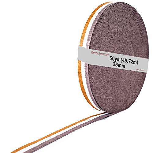 TUKA-i-AKUT 46 Metros x 25mm Cinta Colorido Correa de Correas de Cincha de Poliéster - 1,3mm Espesor, Cinta para Decoración Bricolaje Craft Mochila Flejes Delantal Bolsas, Marrón/Blanco/Gris, TKB5074