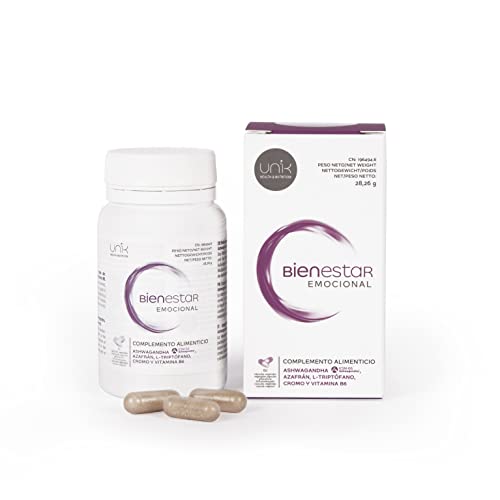 Unik Bienestar Emocional | Suplemento Para Ansiedad, Estrés, Estado de Ánimo | Ashwagandha KSM-66 100% Orgánica + Azafrán + Triptófano + Cromo Vitámina B6 | 60 cápsulas | Lab Unik Health & Nutrition