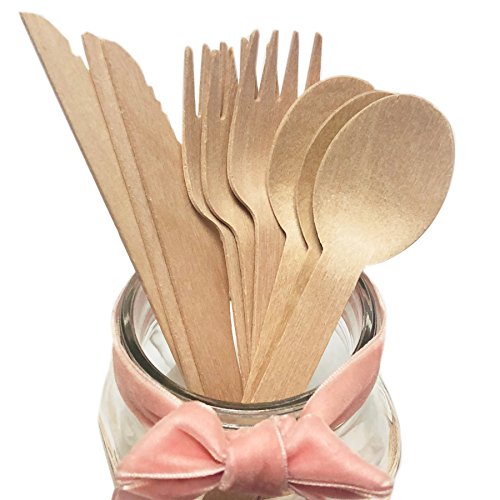 Vajilla de abedul de 6 pulgadas, vajilla degradable natural, 150 piezas, 50 cuchillos, 50 tenedores, 50 cucharadas para fiestas, bodas, baby showers