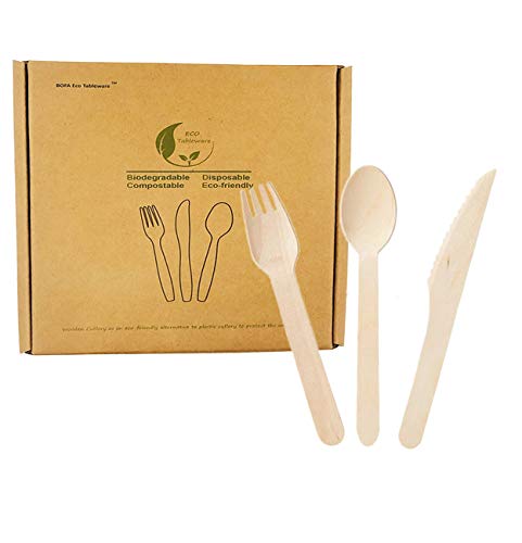 Vajilla de abedul de 6 pulgadas, vajilla degradable natural, 150 piezas, 50 cuchillos, 50 tenedores, 50 cucharadas para fiestas, bodas, baby showers